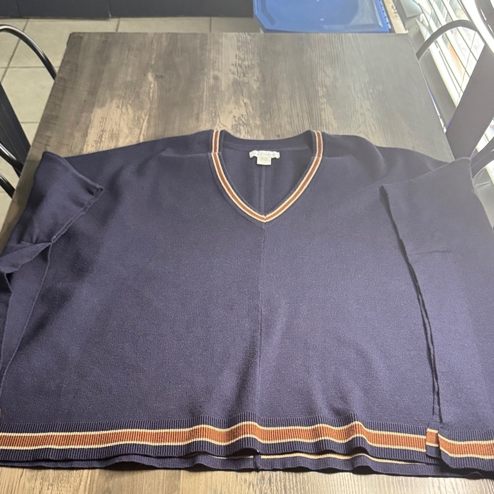 House of Harlow 1960 Navy V-Neck Poncho with Brown and Tan Striped Trim